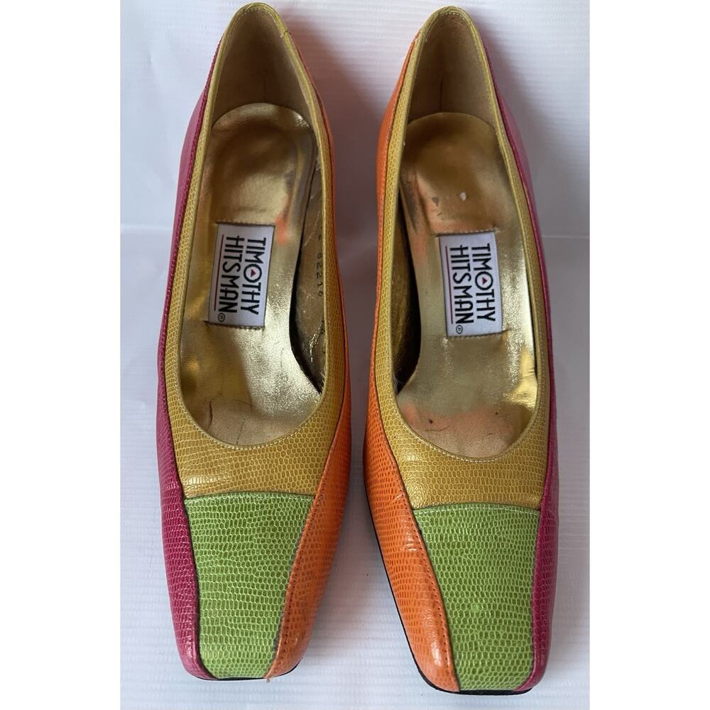 Timothy Hitsman Colorblock Leather Snakeskin Square Toe Pumps Sz 7.5 Vintage - Picture 2 of 9